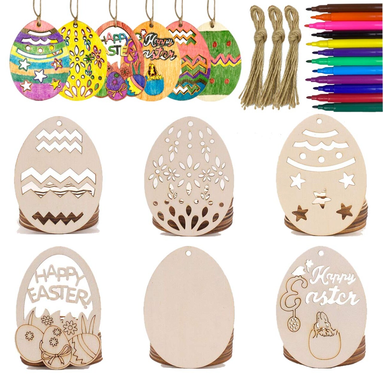 30 PCS Easter Wooden Hanging Ornaments Unfinished Wood Slices Eggs Easter Crafts for Kids DIY Decorations Party Supplies